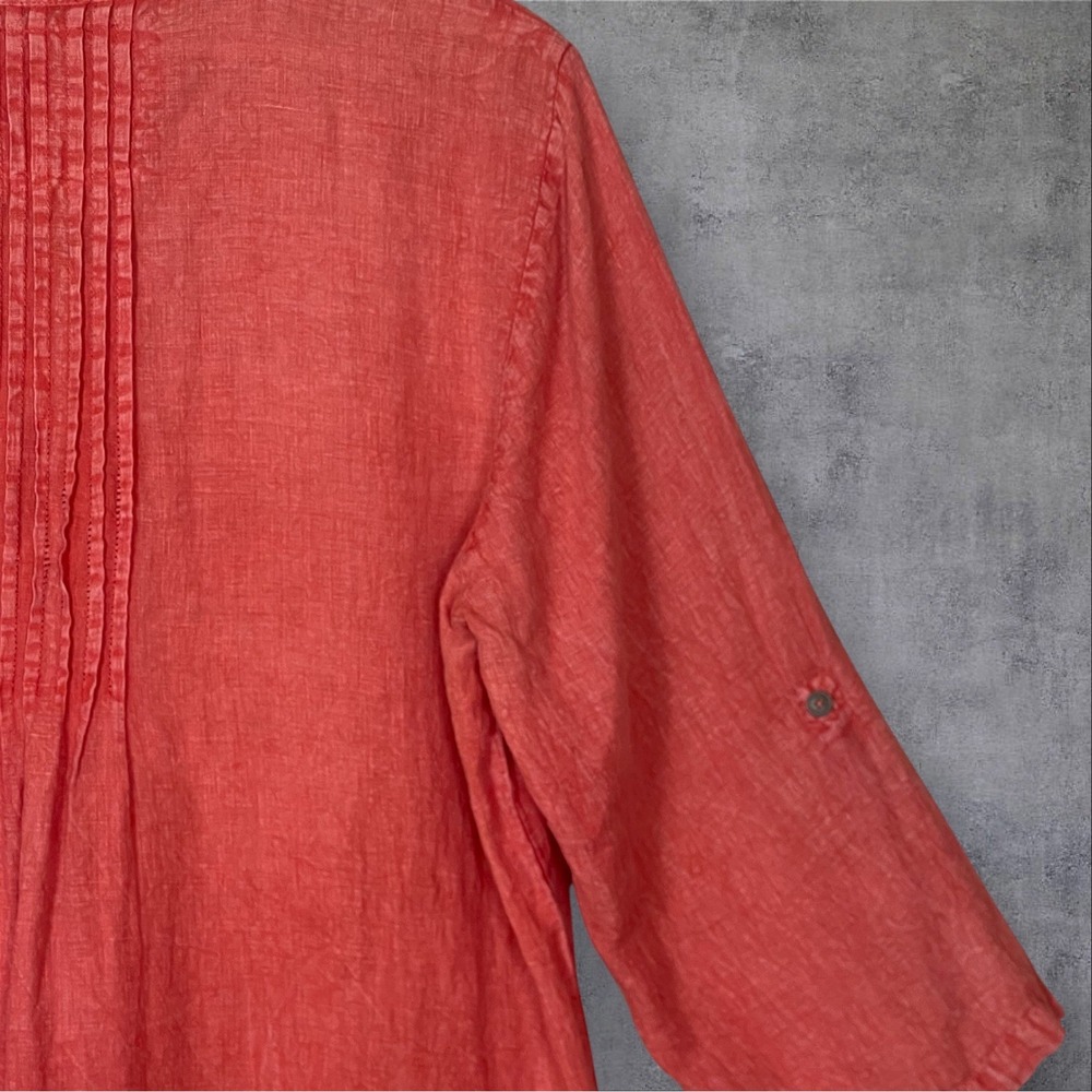 Karyn Seo Coral Linen Tunic Top Womens XL Embroidered Pintuck Pleat Pullover - Picture 6 of 8
